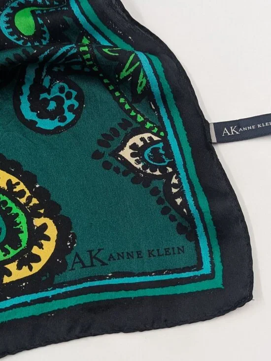 Vintage Anne Klein Silk Paisley Scarf | Black, Blue, Teal, Green, Yellow, Gold - Picture 2 of 3